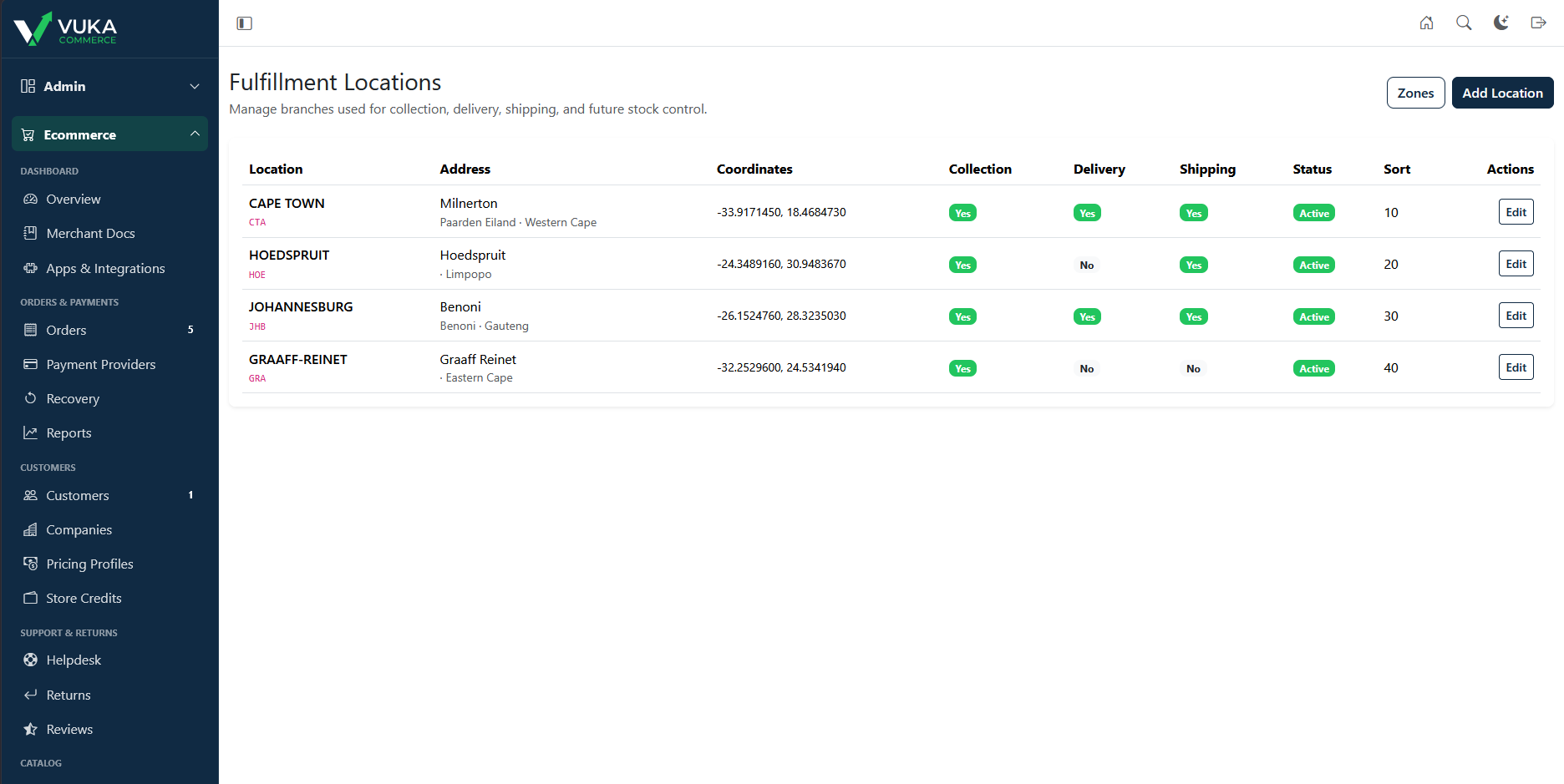 Fulfillment Locations screenshot