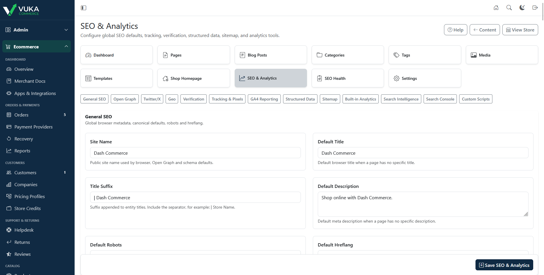 SEO & Analytics screenshot