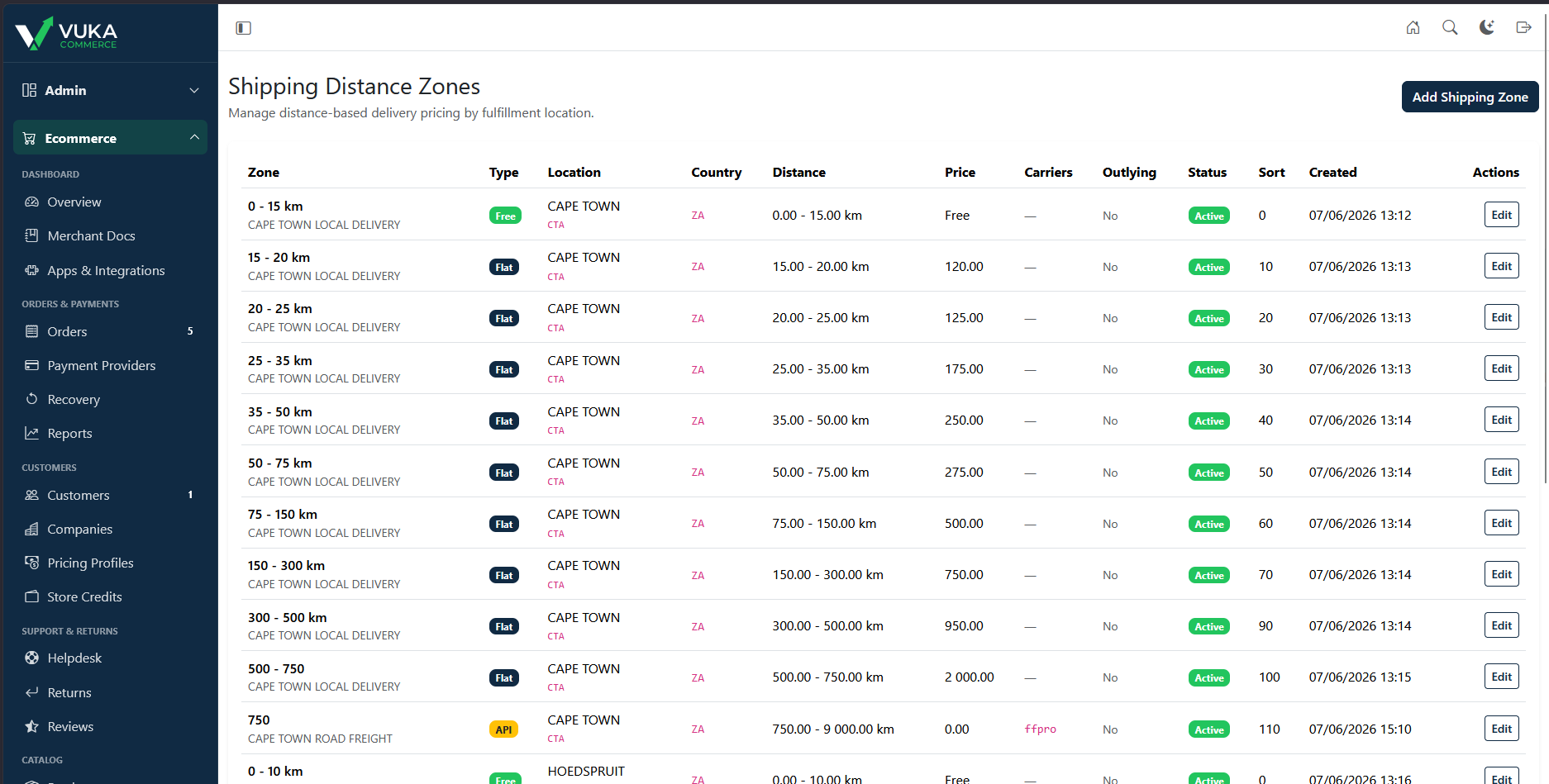 Shipping zones screenshot